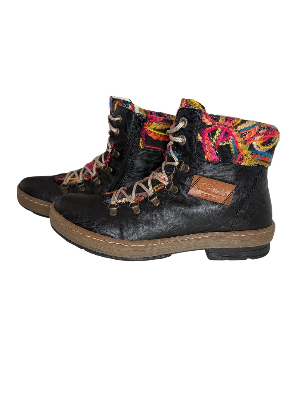 Rieker Black Felicitas Ankle Boots 41 Multicolor Yarn Knit Cuff Trim Lace Zipper